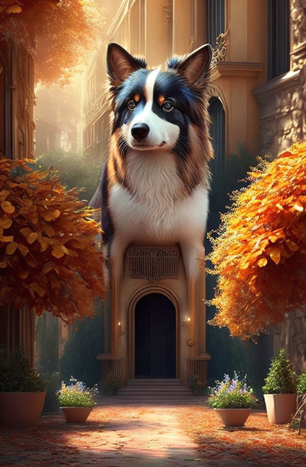 Fluffy Border Collie in quaint street with amber trees