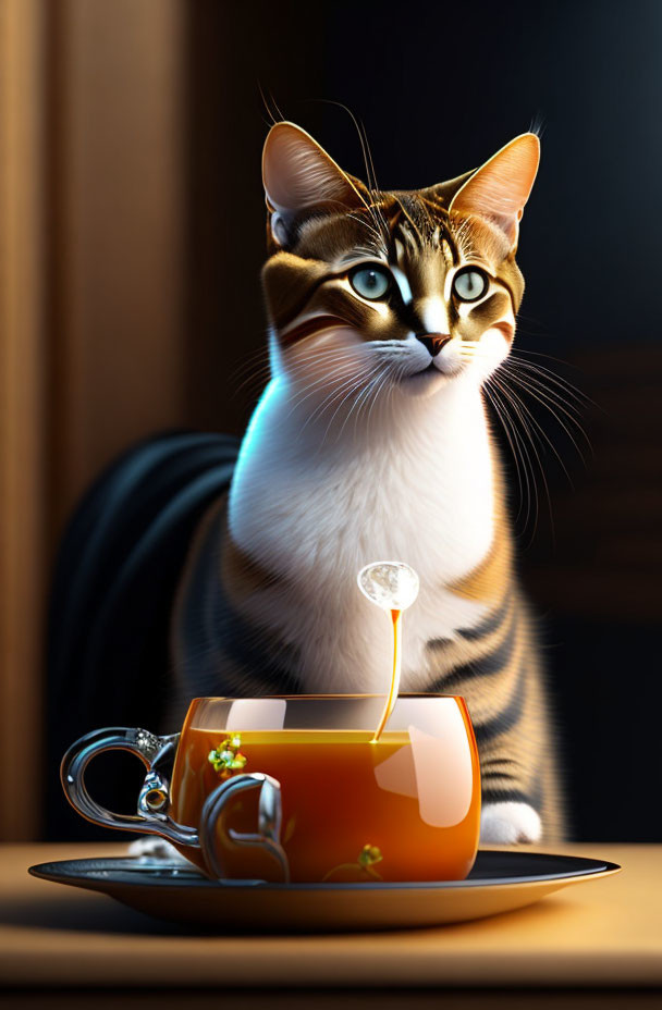 Digital Image: Cat with Tea Cup in Sunlight