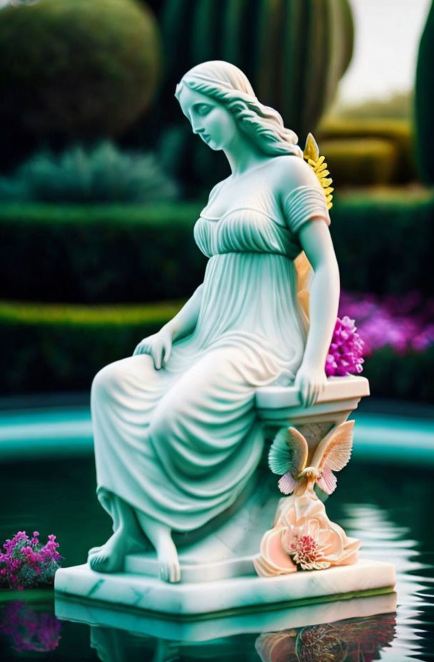 Seated woman statue with draped clothing and winged figure in serene garden