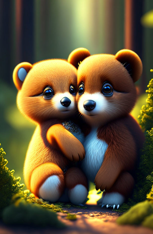 Animated red pandas cuddling in sunlit forest setting