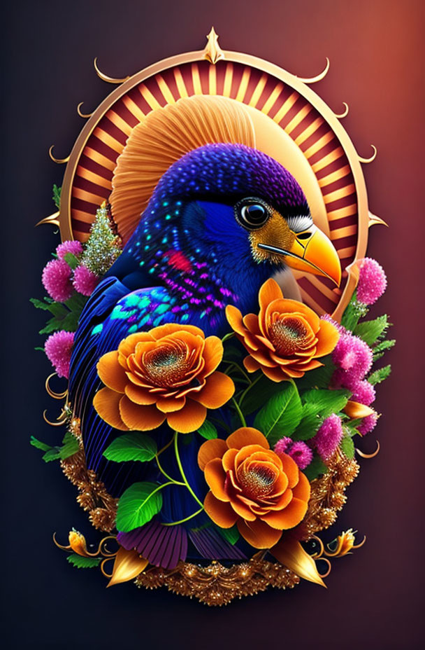 Colorful digital artwork of a blue bird with intricate plumage and floral surroundings.