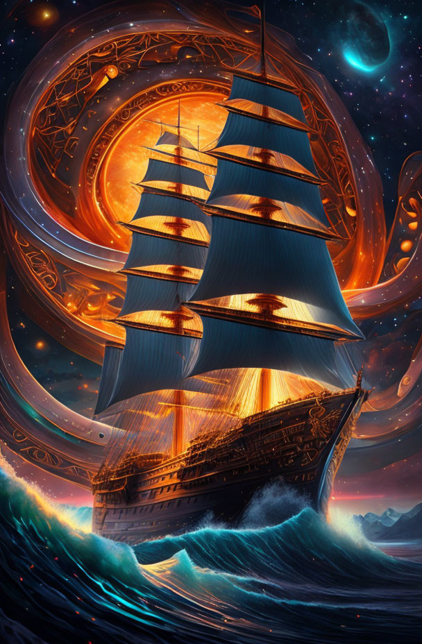 Digital art: Grand sailing ship on tumultuous waves under celestial sky