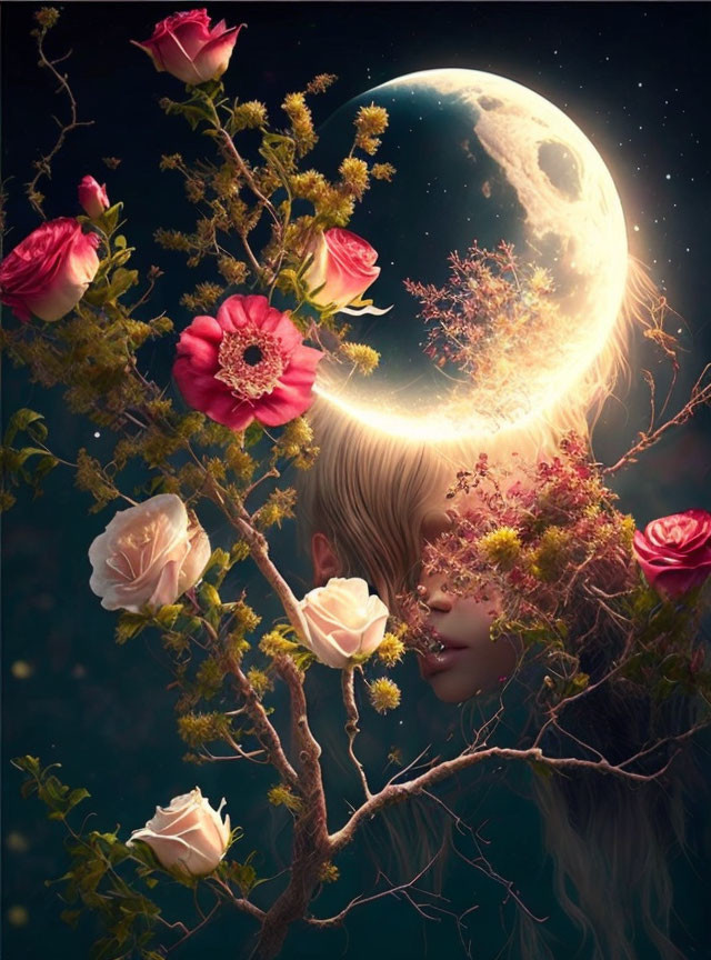 Woman's face merging with tree under full moon with roses and foliage against night sky