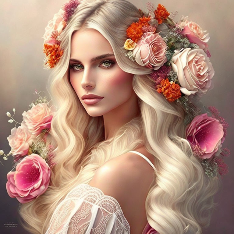 Blonde Woman Portrait with Flower Crown and Lace Dress