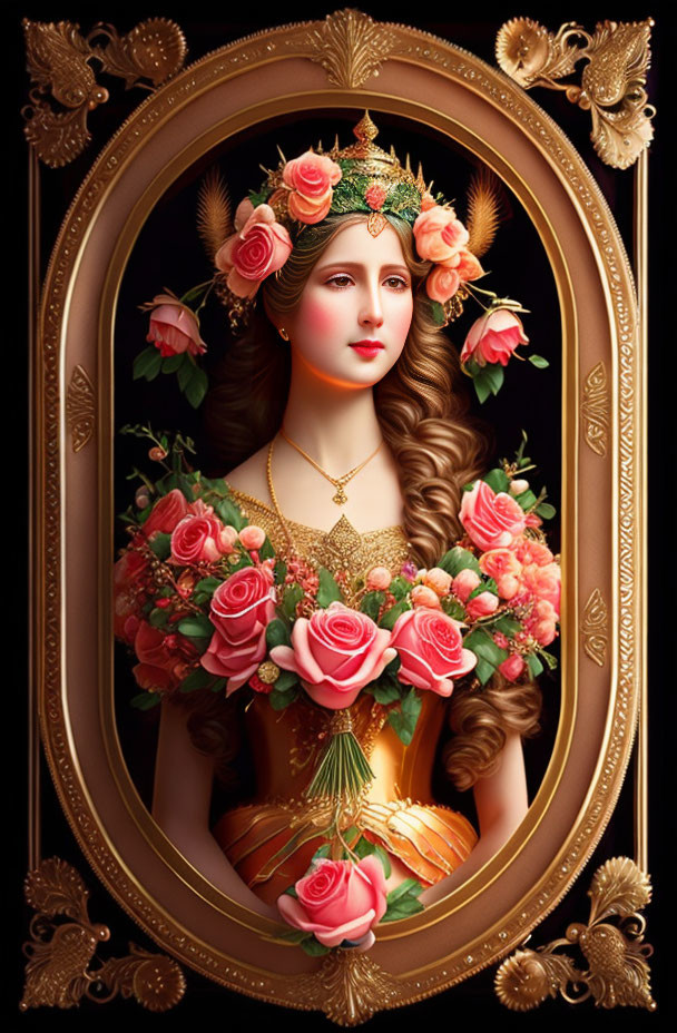 Elaborate portrait of a woman with roses and golden frame