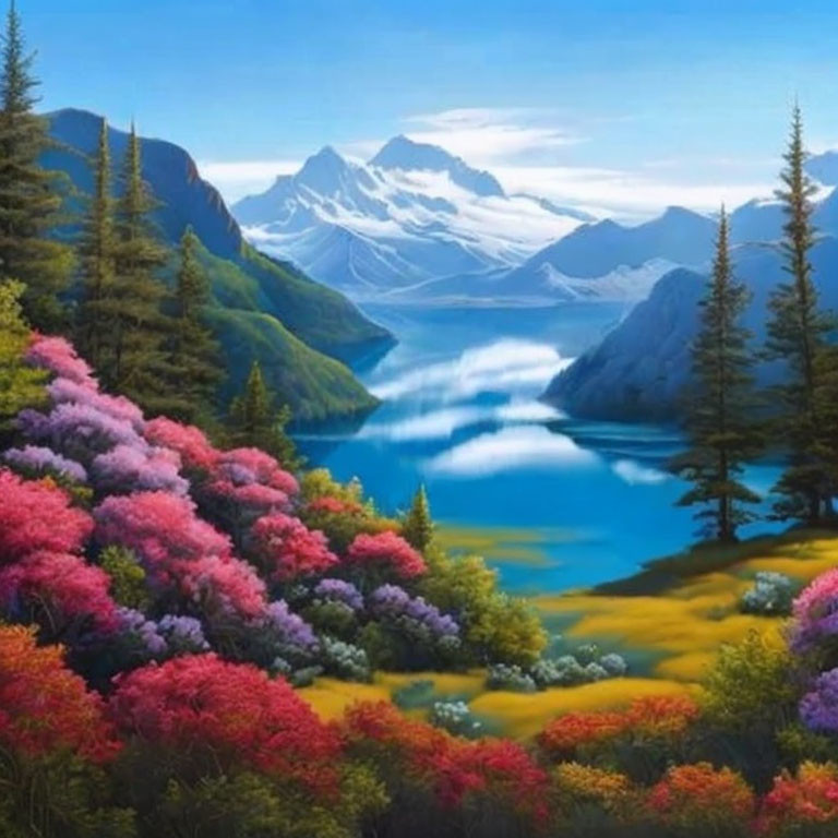 Colorful landscape painting: serene lake, vibrant flowers, green trees, snow-capped mountains