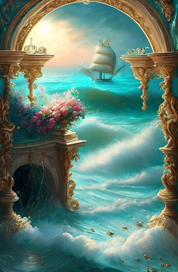 Golden Arch Frame Revealing Fantasy Seascape with Sailing Ship