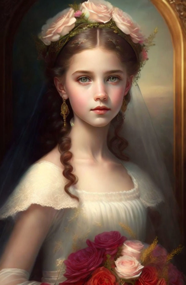 Young girl in floral crown and gold earring, off-the-shoulder dress, holding red roses