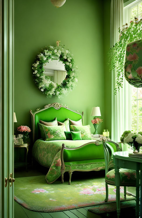 Floral-themed green bedroom with round mirror and coordinating decor