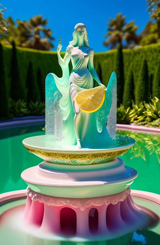 Surreal digital artwork: Colorful fountain with feminine figure pouring lemon slice in lush garden