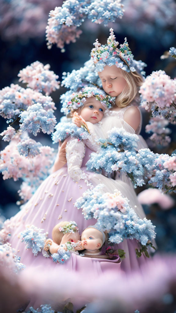 Two young girls in pastel dresses with floral crowns among soft blue flowers.