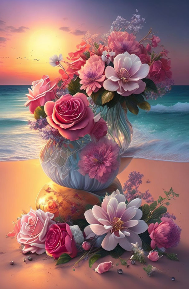 Pink and Red Flower Bouquet in Translucent Vase on Beach at Sunset