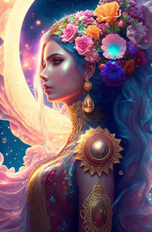 Digital artwork: Woman with blue hair, floral headpiece, golden jewelry, cosmic dress, celestial background