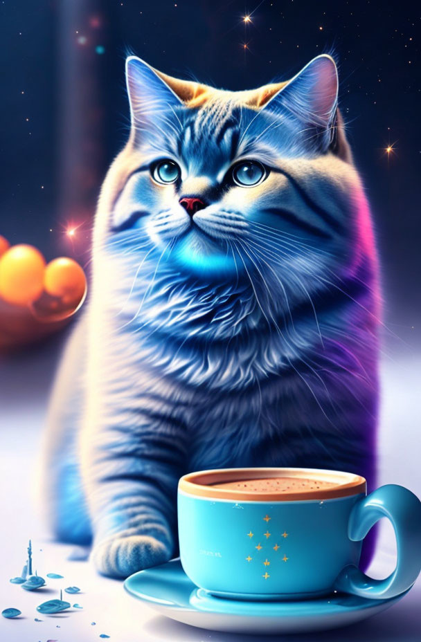 Whimsical digital art: large-eyed tabby cat with coffee cup in cosmic setting