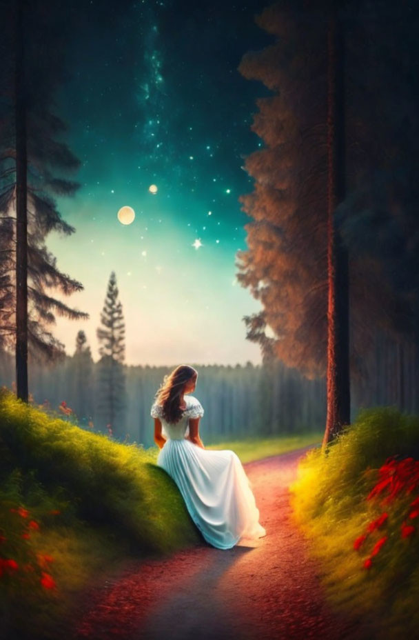 Woman in white dress gazes at crescent moon in forest setting