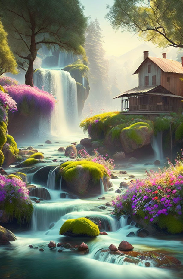 Tranquil waterfall, mossy rocks, purple flowers, wooden house in misty landscape