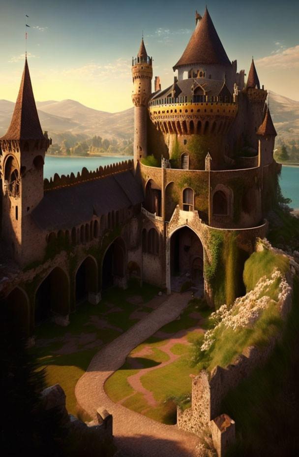 Medieval castle with spires and lush courtyard in golden hour