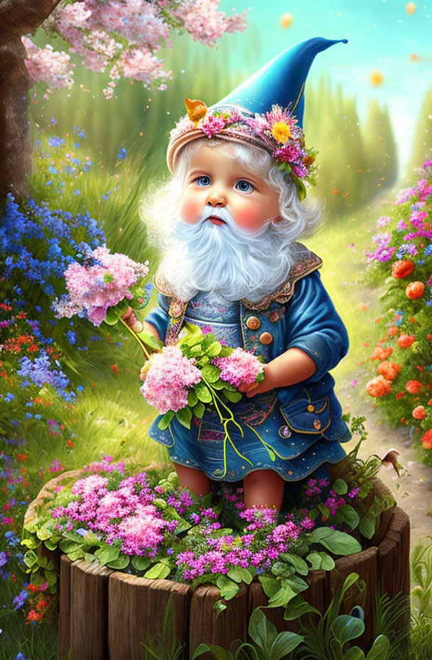 Colorful illustration of elderly gnome on tree stump surrounded by flowers