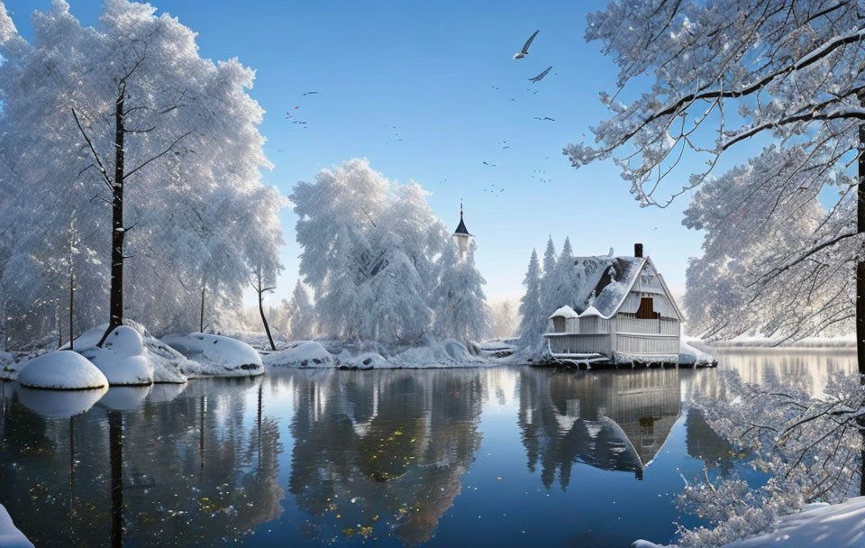 Snow-covered trees by lake with birds and distant tower