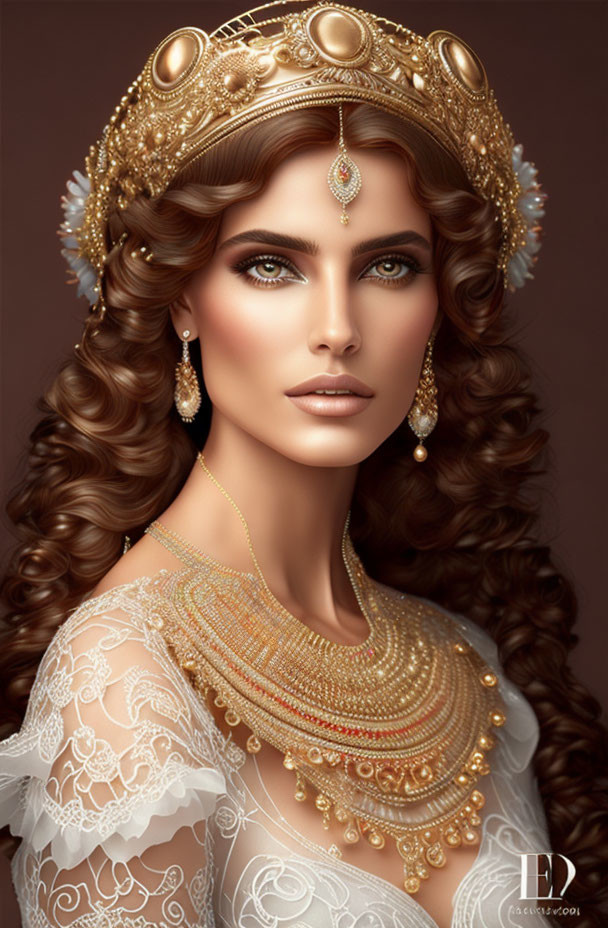 Elaborately styled woman's portrait with golden jewelry