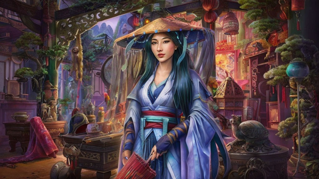 Traditional East Asian Woman in Colorful Mystical Market