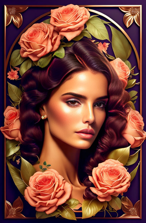 Stylized portrait of woman with braided hair among orange roses on purple backdrop