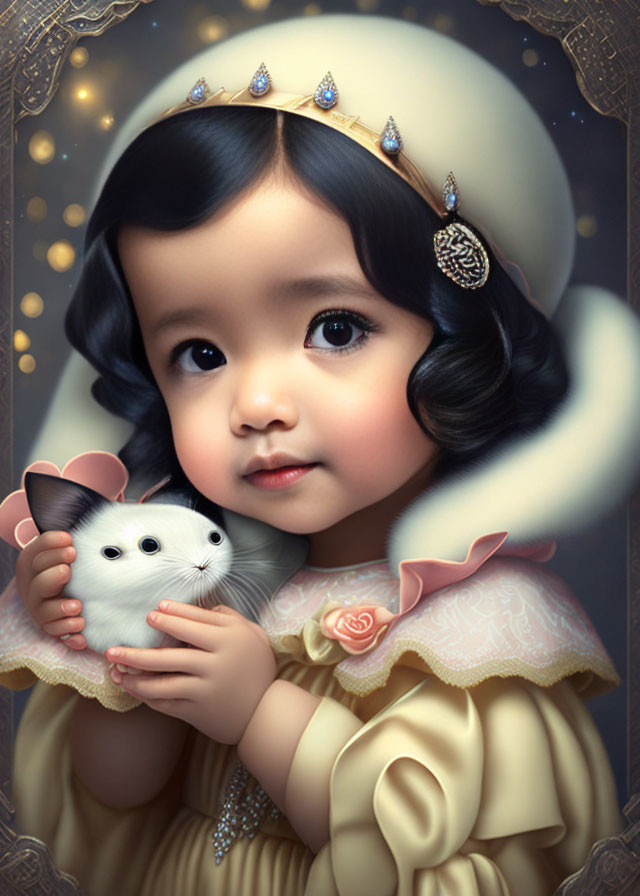 Digital Artwork: Young Girl in Vintage Yellow Dress Holding White Kitten