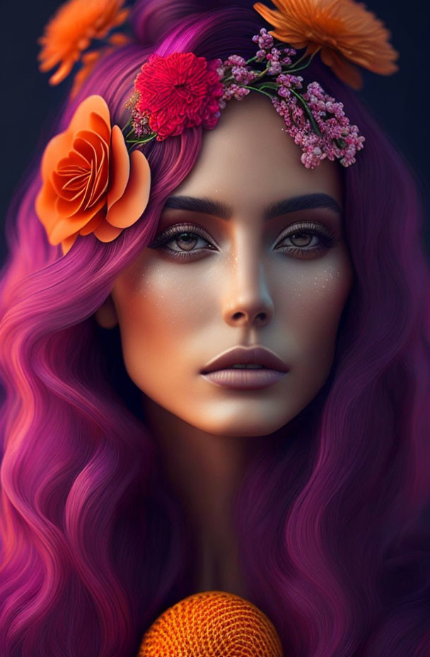 Vibrant purple hair woman with colorful flower crown and detailed makeup