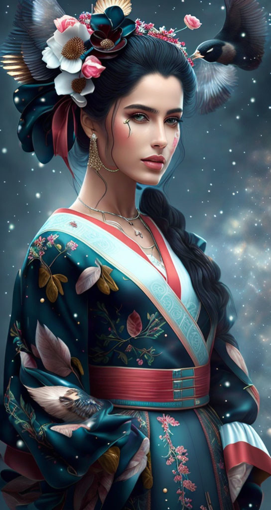 Digital artwork: Woman with dark hair, floral hair adornments, traditional attire, feathers, serene night