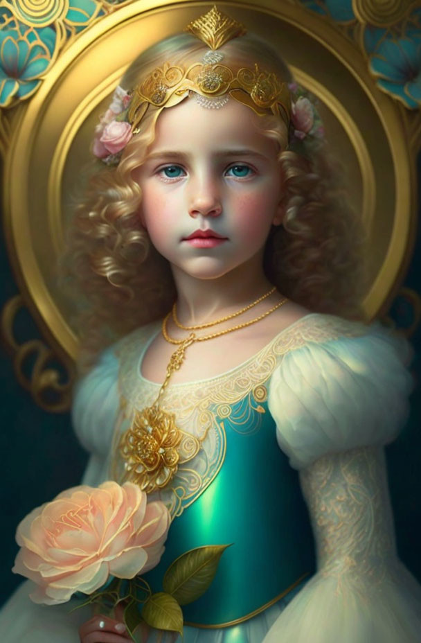 Ethereal young girl in blue period dress with floral crown and rose