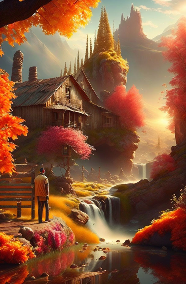 Person by rustic cabin in autumn setting with waterfalls and rolling hills