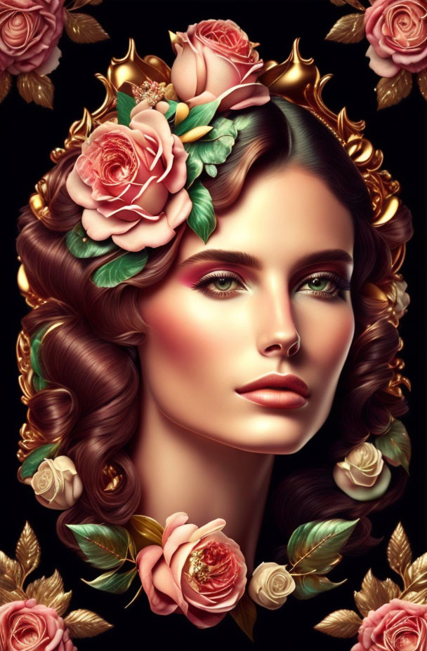 Illustrated woman with floral golden crown on dark background