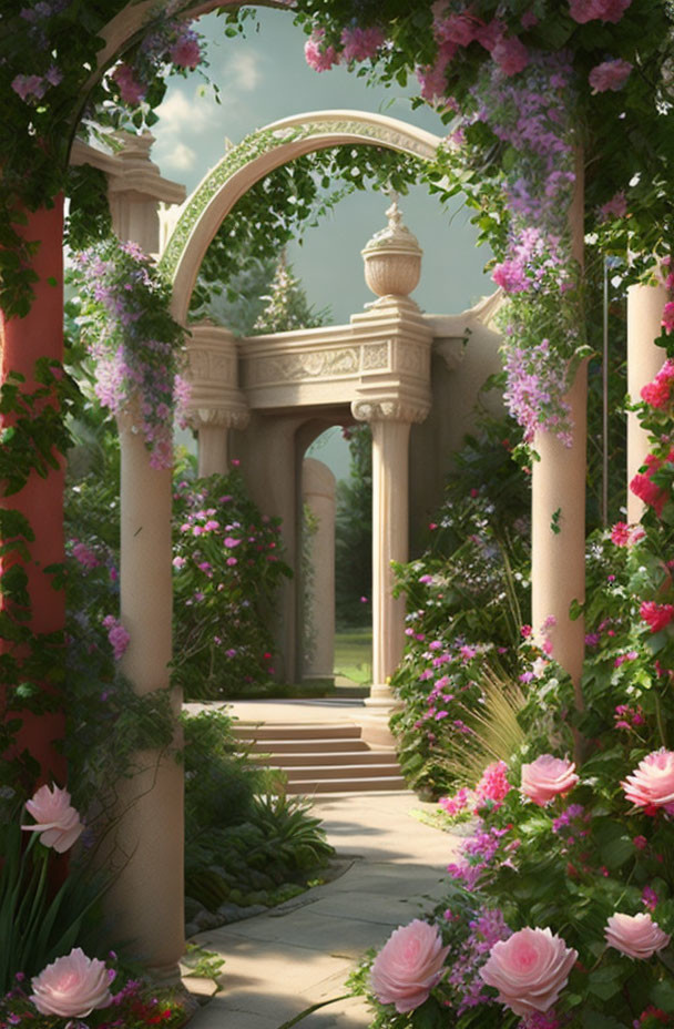 Arched Garden Pathway with Pink and Purple Flowers