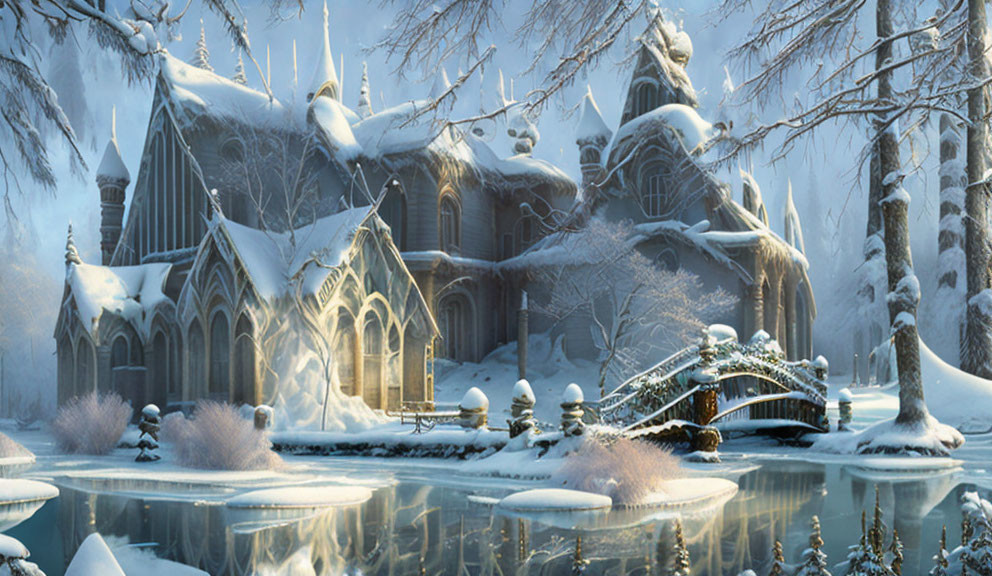 Snow-covered Gothic building by frozen lake in serene winter scene