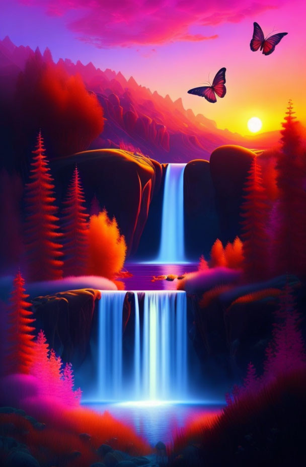 Colorful digital artwork: Cascading waterfall in purple and pink forest at sunset with flying butterflies.