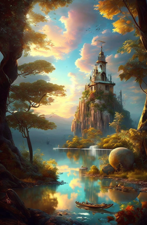 Fantasy castle on cliff overlooking serene lake