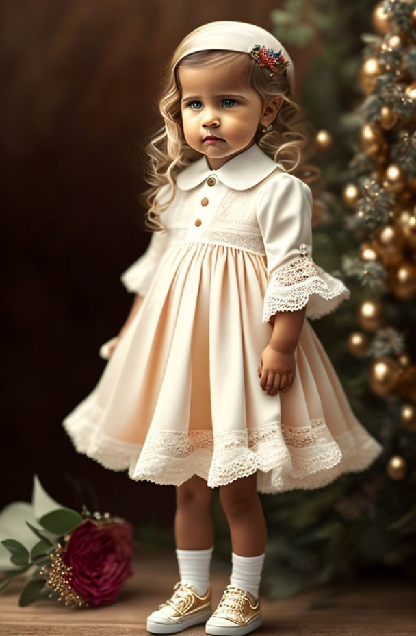 Young child in cream dress near Christmas tree