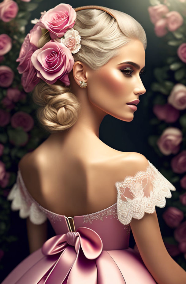 Stylish woman illustration with updo, roses, pink lace dress