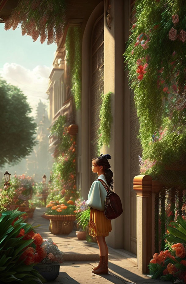 Young girl with backpack and plant by flower-lined street in sunlit city view