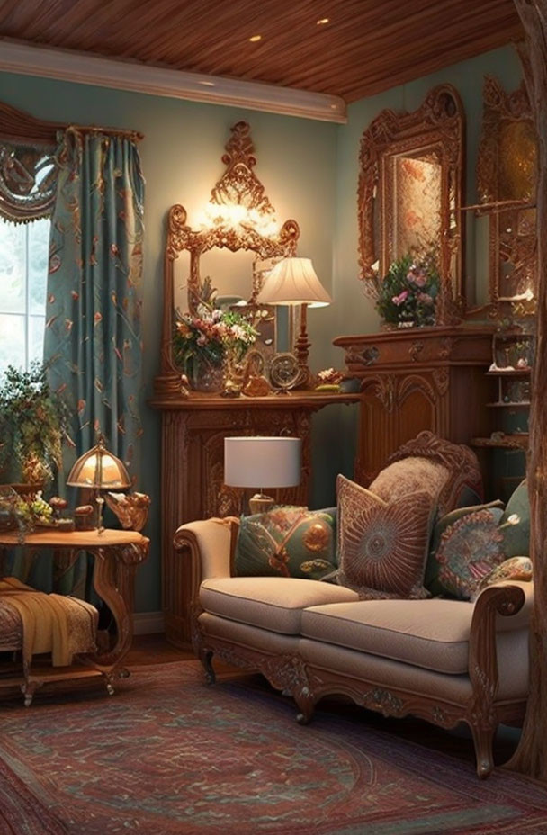 Elegant Victorian Style Living Room with Ornate Wooden Furniture