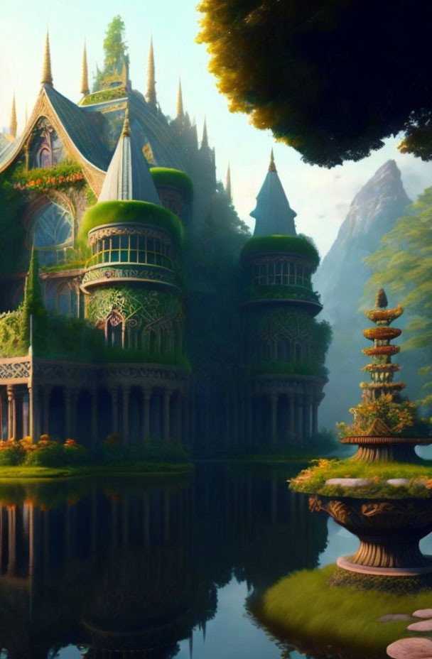 Majestic multi-tiered elven castle in fantasy forest landscape