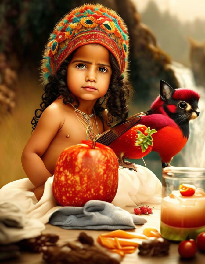 Child with Colorful Hat Beside Apple, Bird, and Candle by Waterfalls