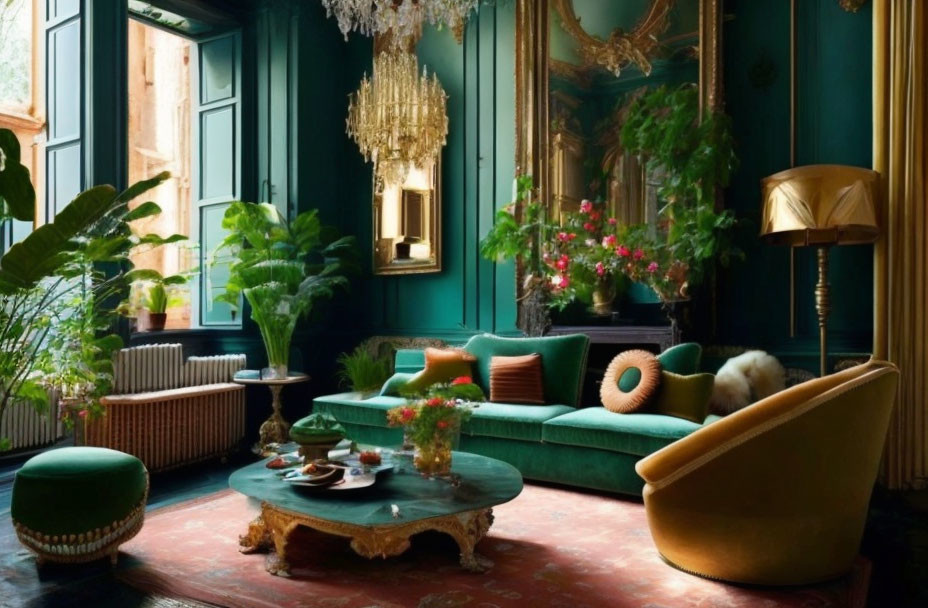 Luxurious Emerald Green Room with Gold Accents & Vintage Furniture