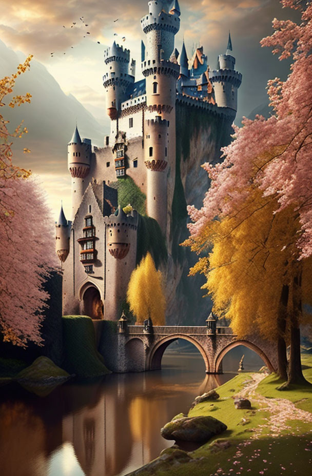 Fantasy castle with blue roofs by river and pink blossoms