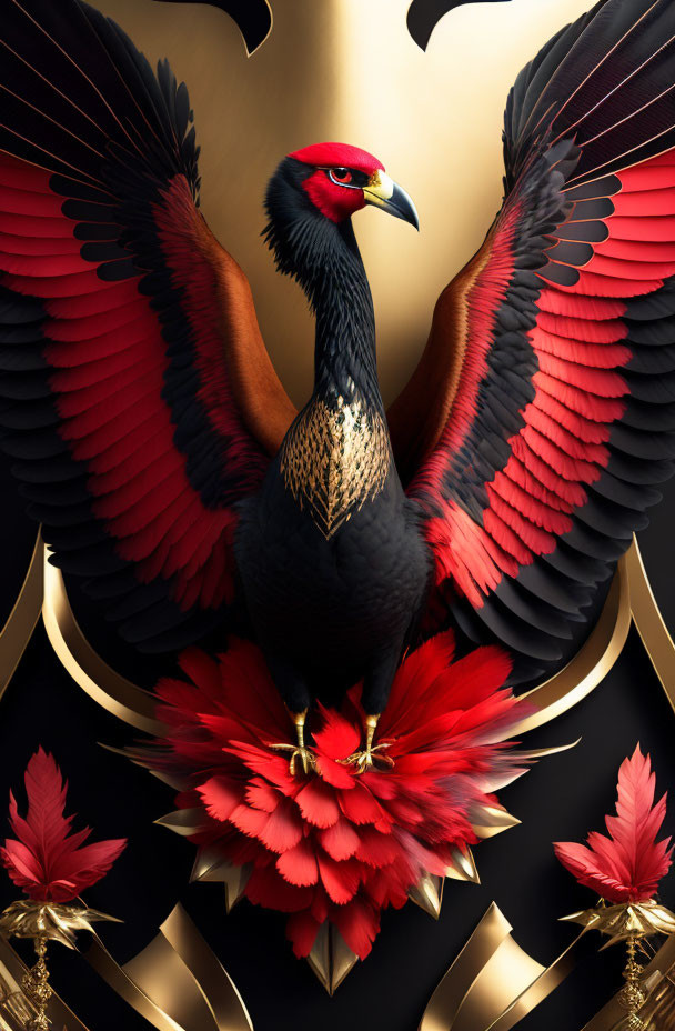 Stylized bird digital art with black, red feathers & gold accents