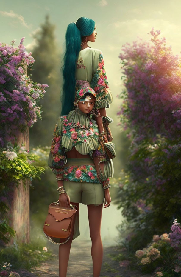 Blue-haired woman in floral outfit with brown bag on flower path