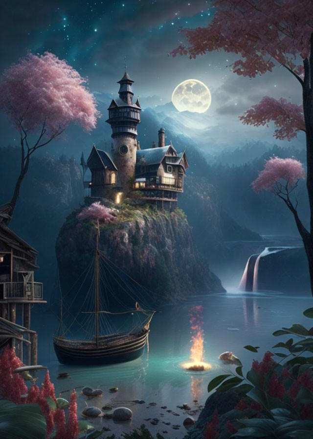 Moonlit castle, sailboat, waterfall, flora under starry sky