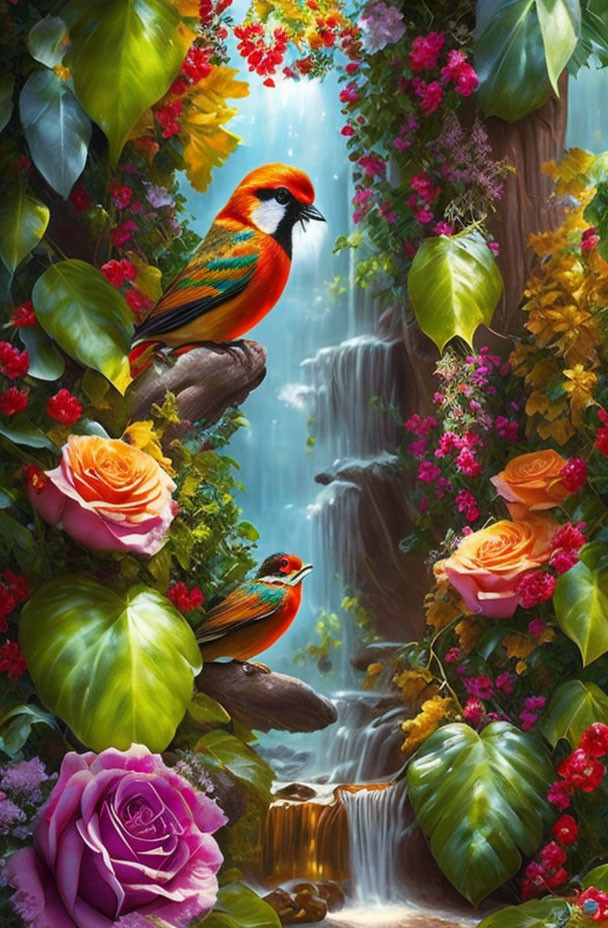 Colorful Birds and Waterfall in Magical Forest