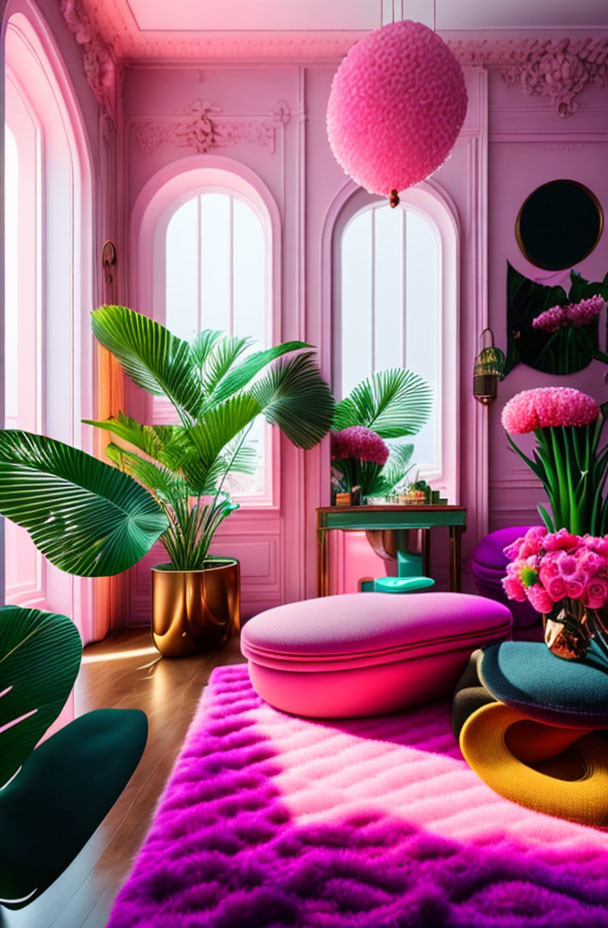 Modern colorful room with pink walls, large windows, green plants, purple rug, and hanging lantern.