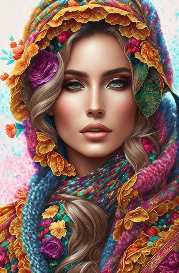 Colorful Floral Scarf Adorns Woman in Digital Portrait